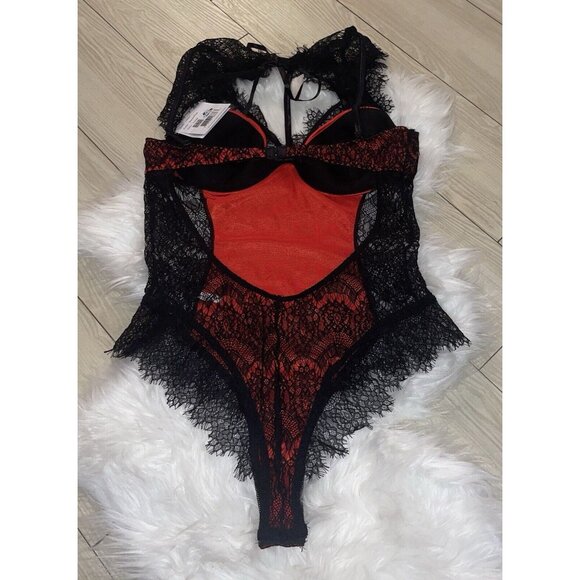 Dreamgirl High Neck Eyelash Lace Collared Teddy Bodysuit 10537 L Large Red Black - Picture 7 of 7